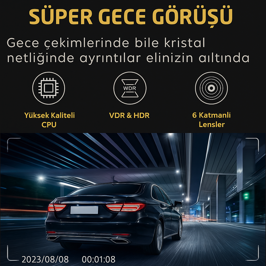 Ultra HD 3 Kanallı Araç Kamerası – Gece Görüşlü, Geri Görüş ve Park Asistanı